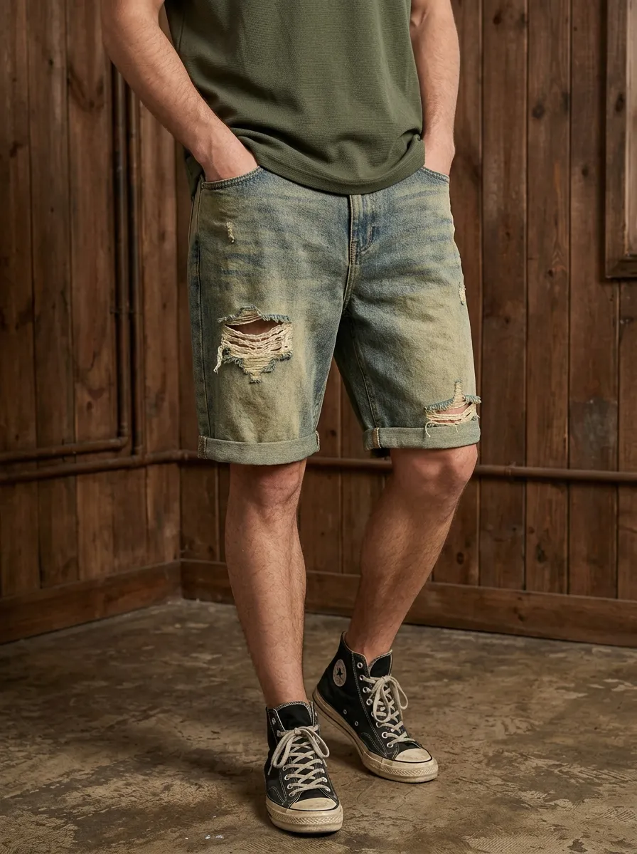 Men's Denim Ripped Denim Shorts with Button Fly