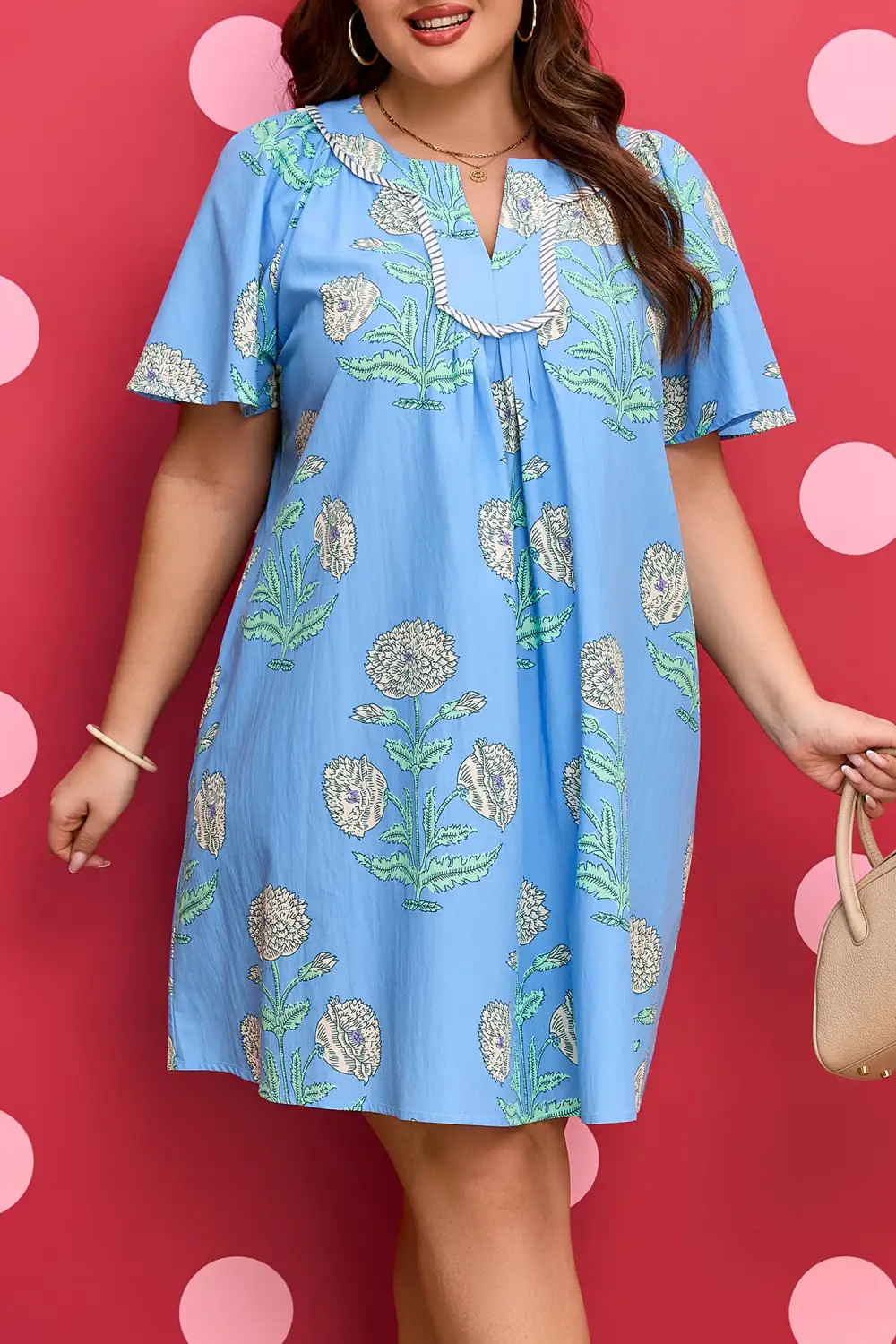 Soft Touch Floral Striped Split Neck Mini Dress