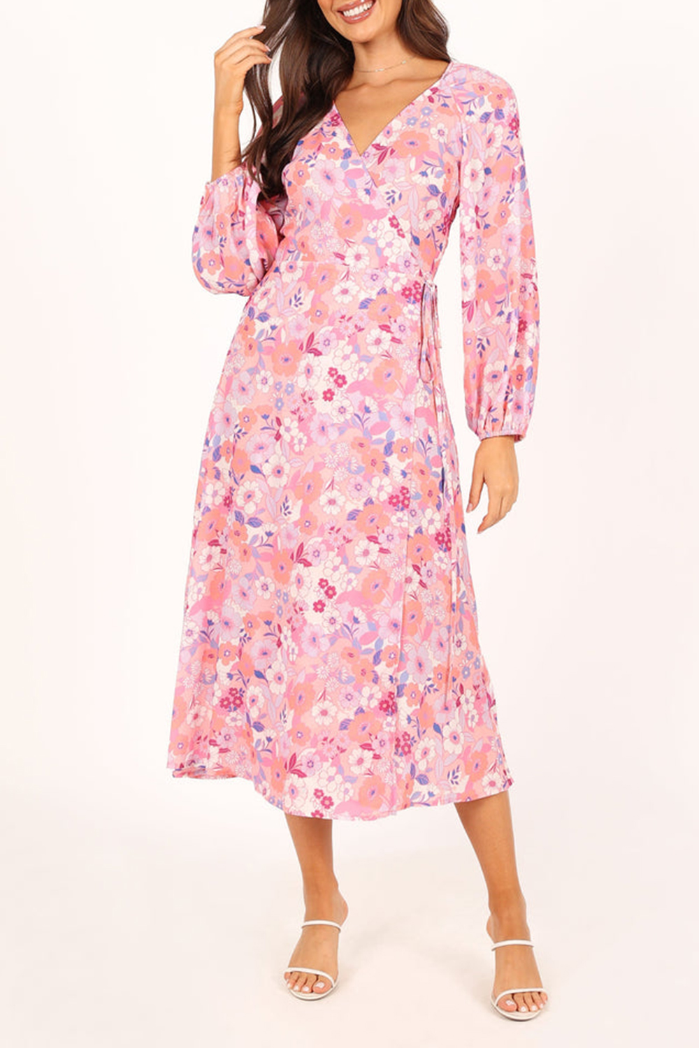 PINK FLORAL LONG SLEEVE MIDI DRESS