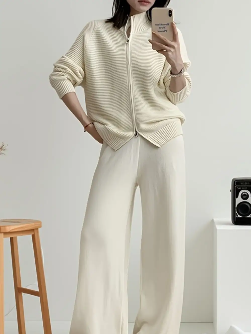 Casual Knit Zip Up Cardigan and Wide Leg Pants Set