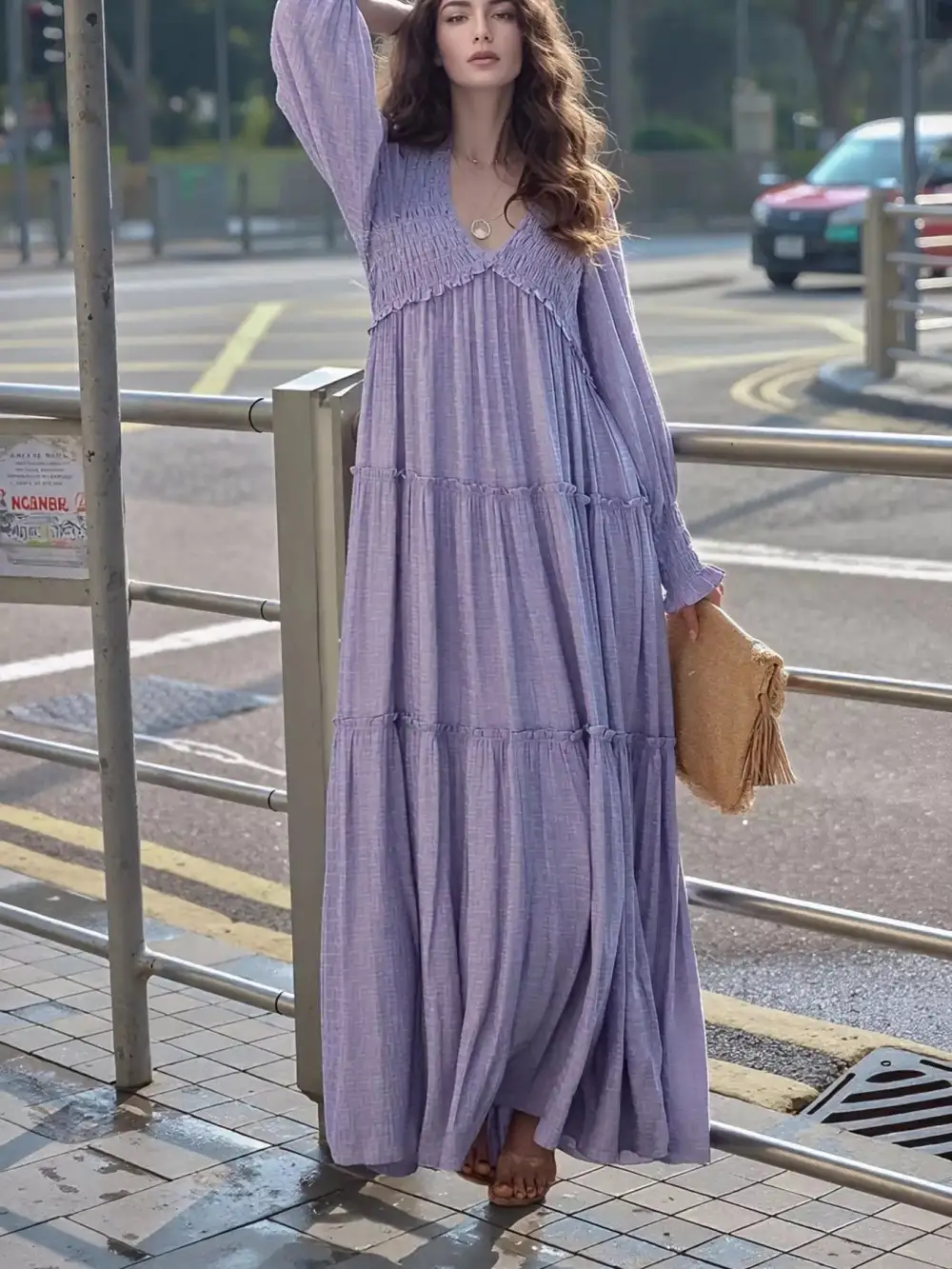 V Neck Tiered Long Sleeve Maxi Dress