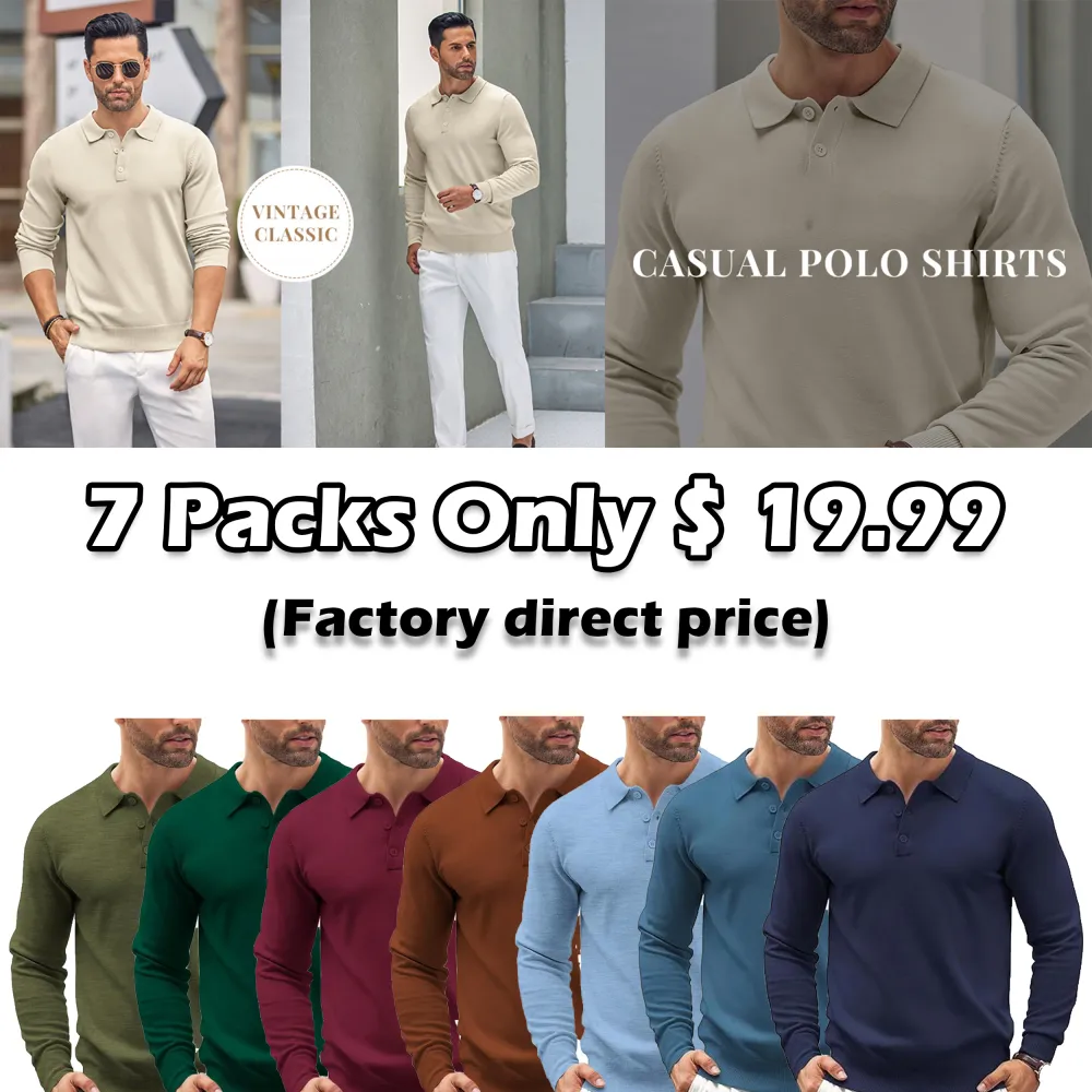 🧵 Men’s Soft Knit Long Sleeve Polo Shirt – Classic Style, Modern Comfort