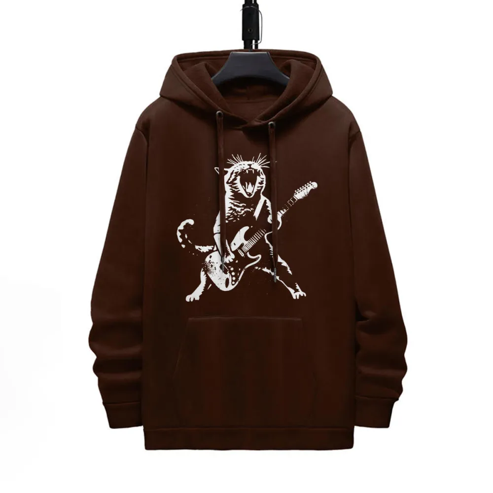 Cat Playing Guitar Pattern Printed Hoodie
