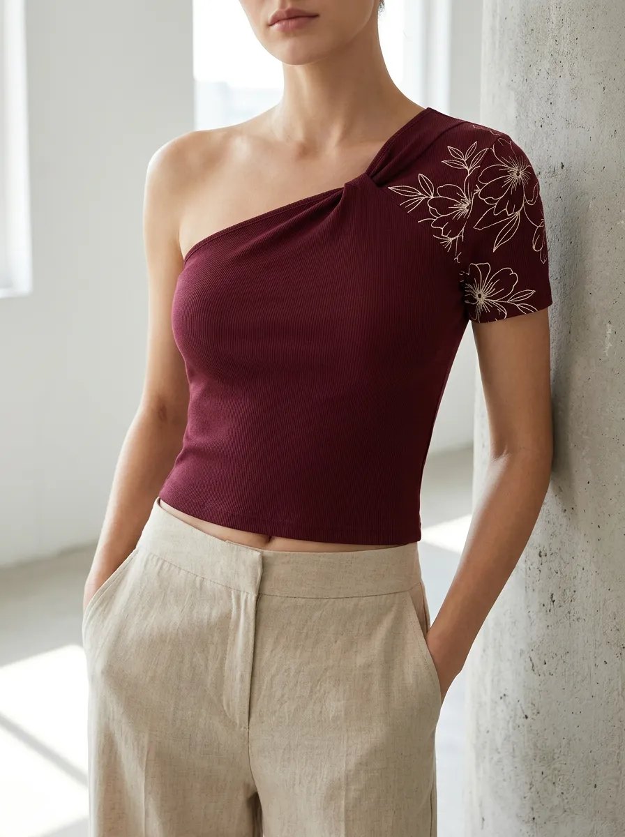 Women's Burgundy Floral Outline Printed One-Shoulder Top