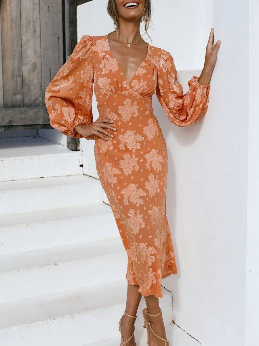 Print V-Neck Long Sleeve Dress