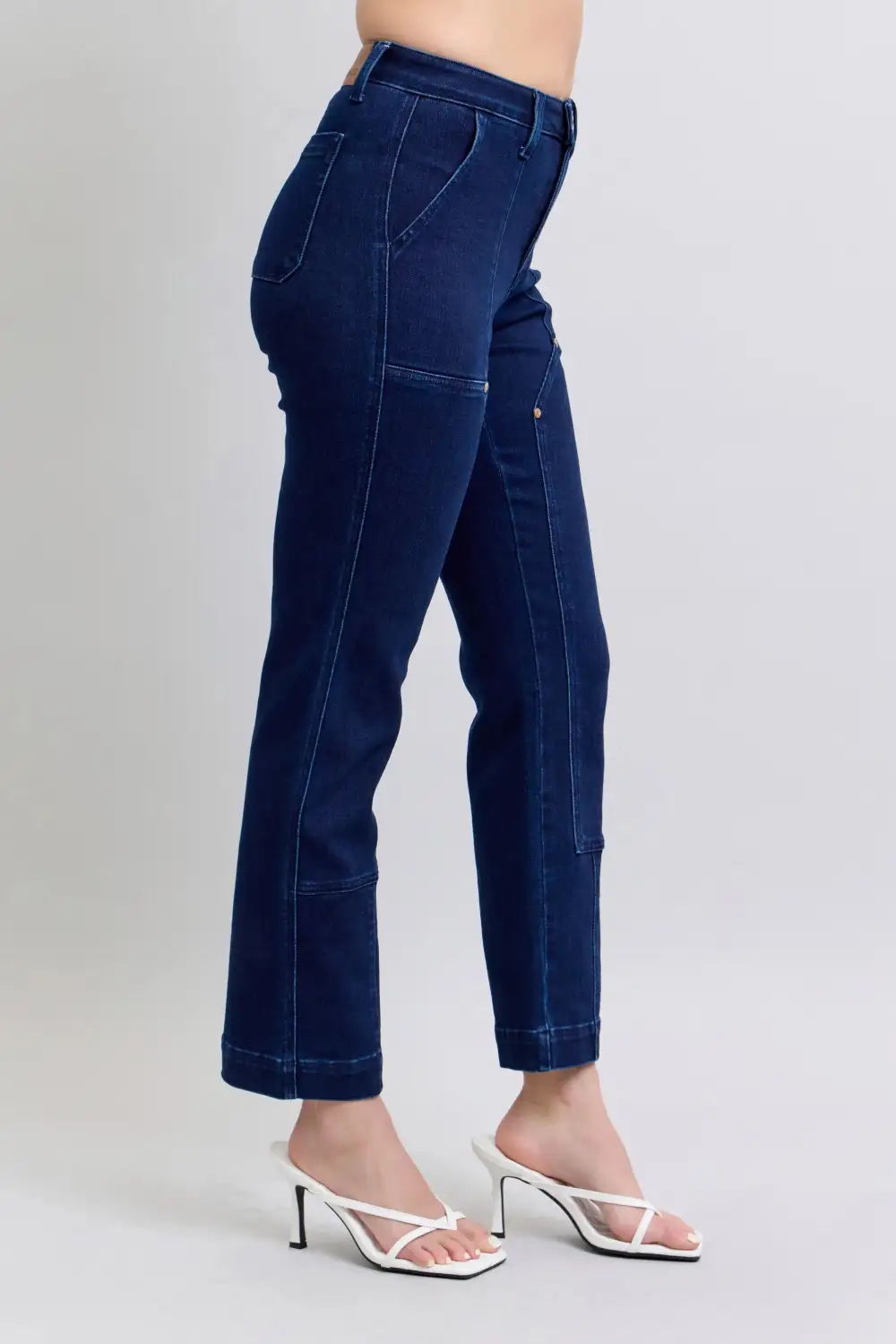 Cropped Washed Pocketed Stretch Straight Leg Jeans