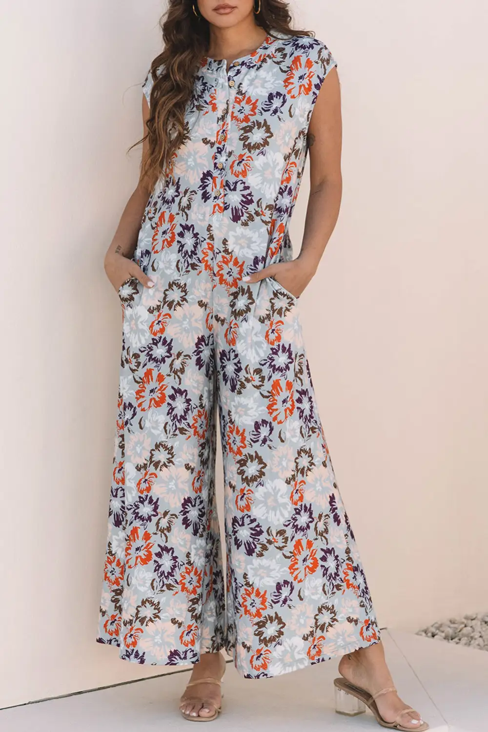 Floral Sleeveless Buttoned Pocketed Wide Leg Jumpsuit