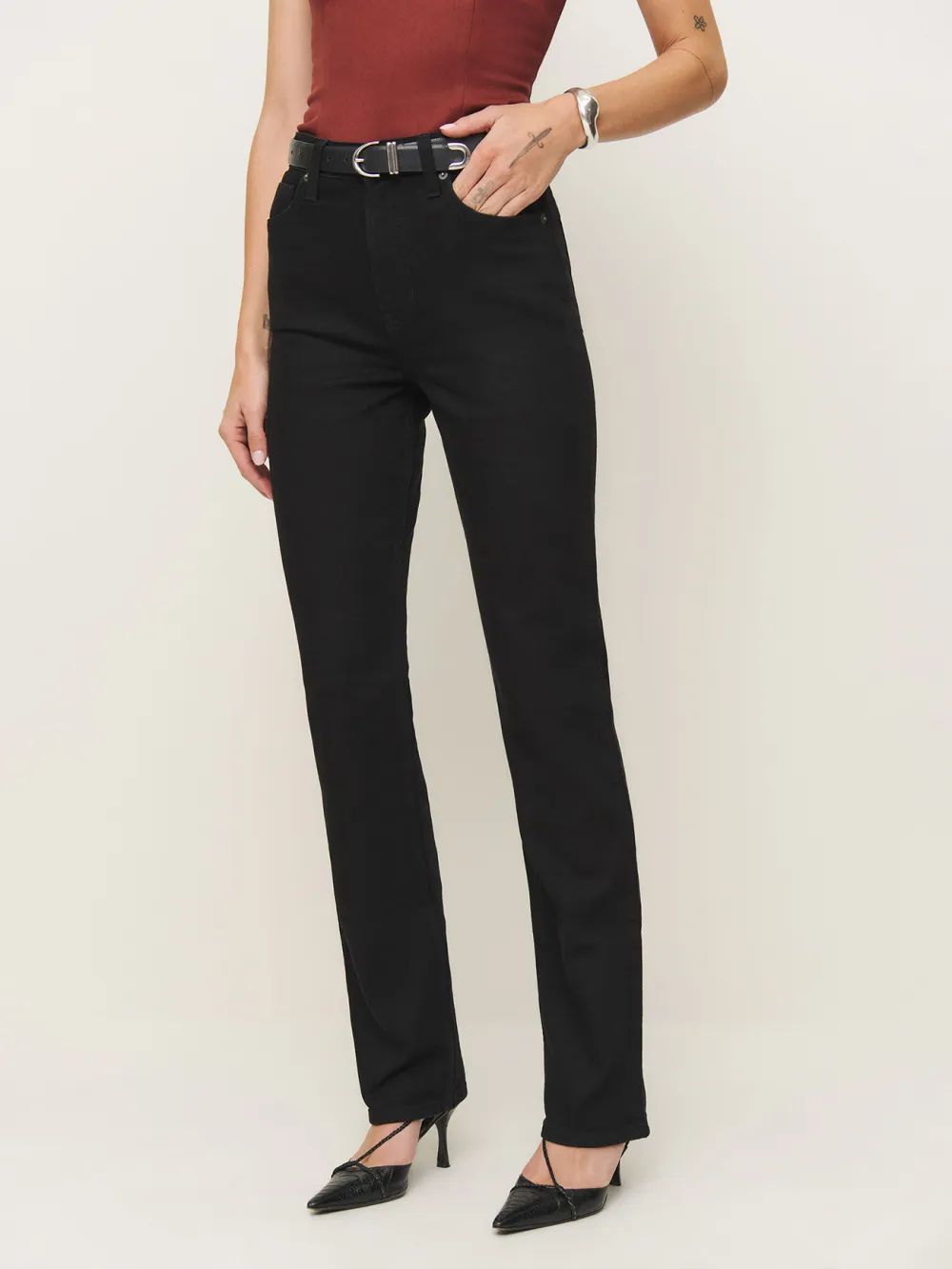 Stretch High Rise Straight Leg Jeans