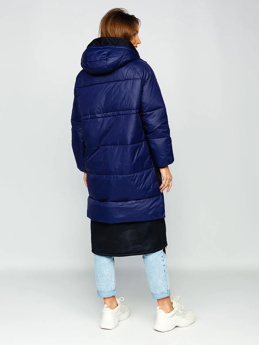 Dark blue women's long winter jacket with hood