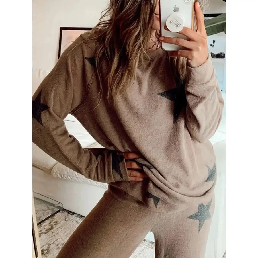Star Print Top and Drawstring Pants Set