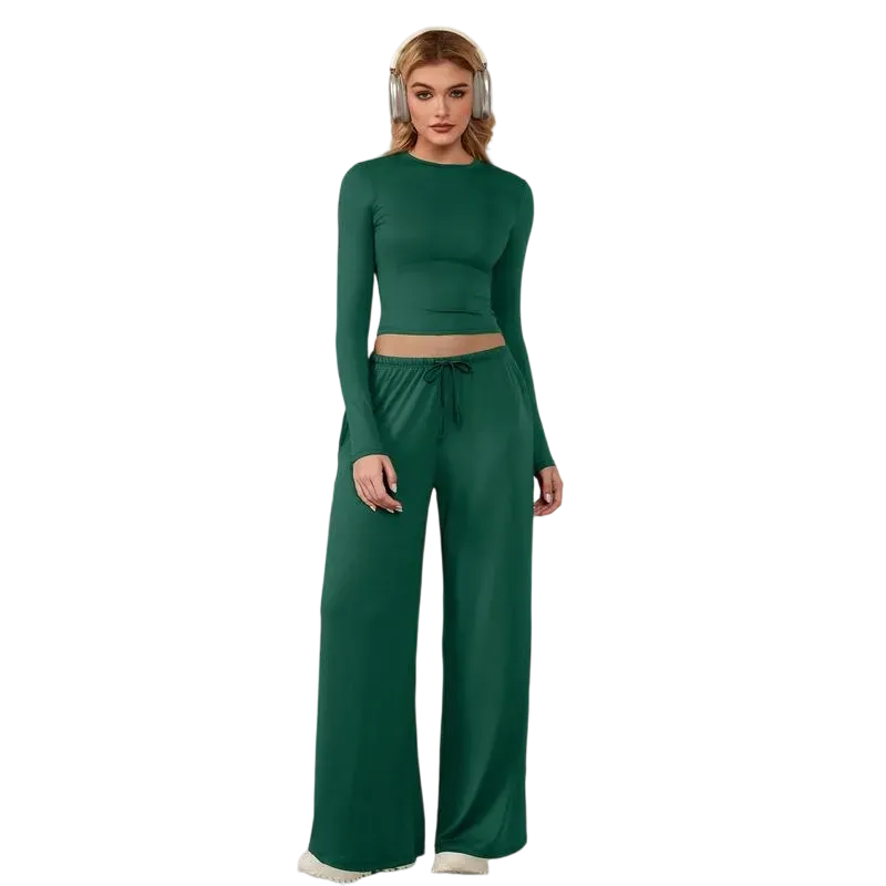 Women's two-piece tracksuit set, long-sleeved crop top and wide-leg pants