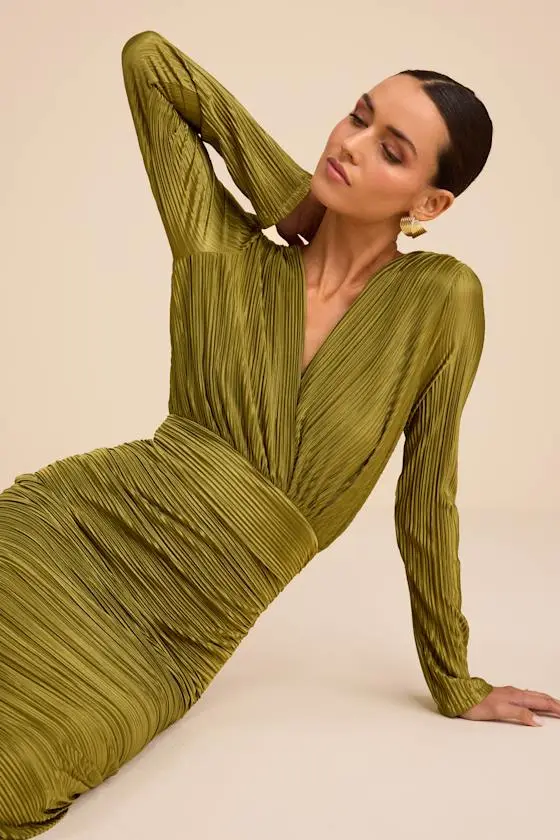 Seren Olive Green Plisse Surplice Maxi Dress