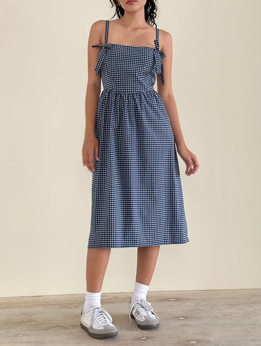 Midi Dress In Mini Dark Blue Gingham