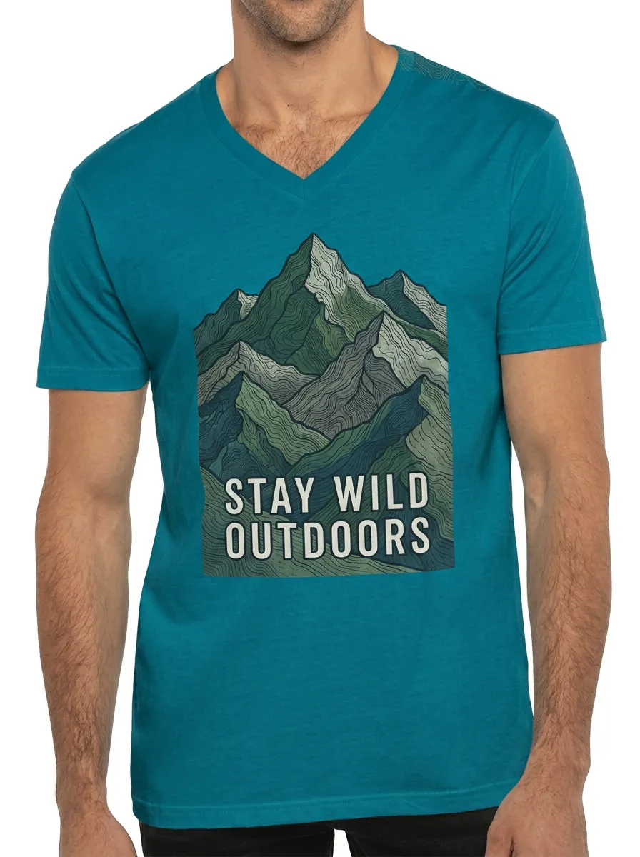 Men's Outdoor Lover Mountain Topographic Printed V-neck T-shirt