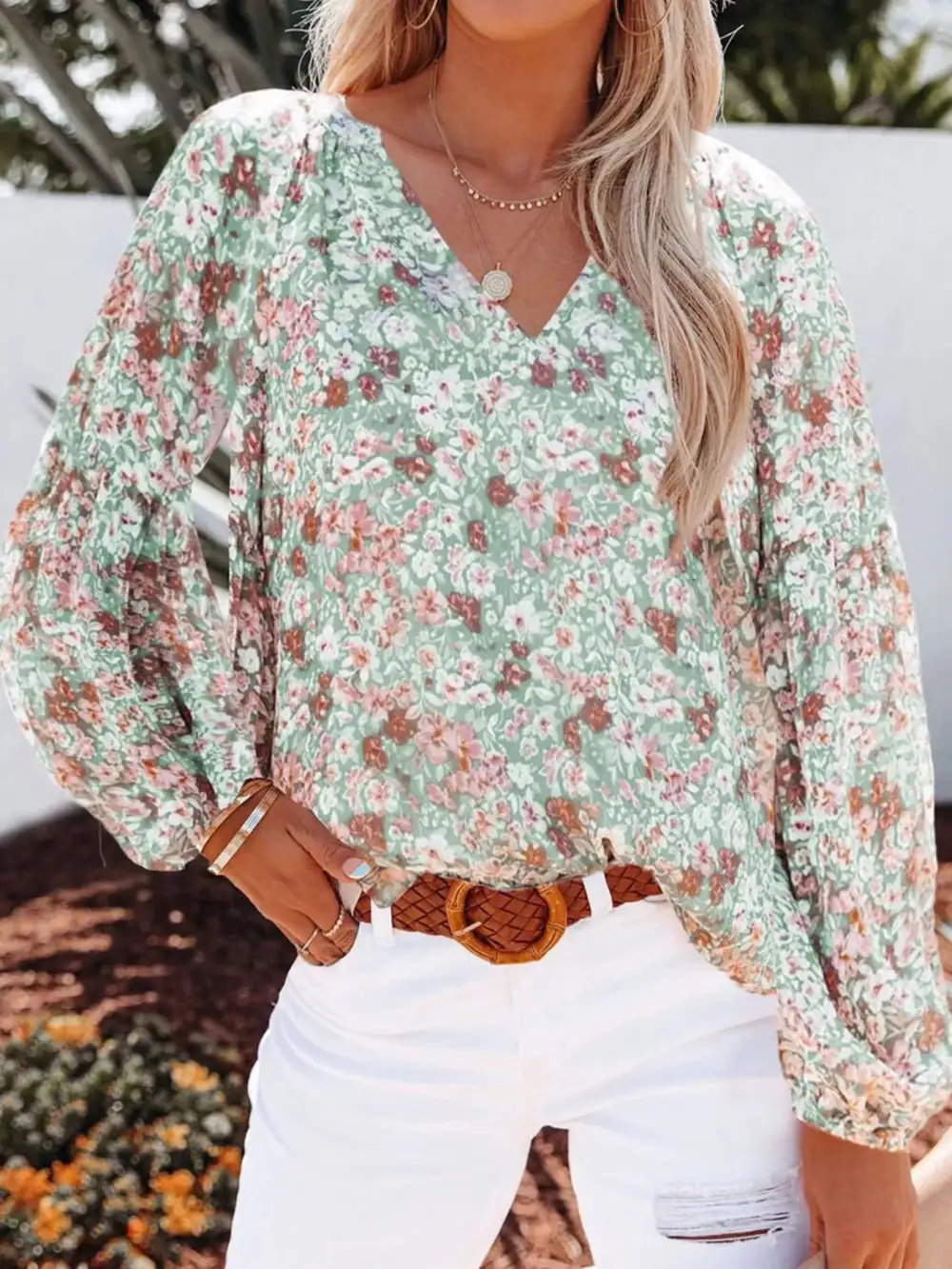 Floral Print V Neck Long Sleeve Blouse