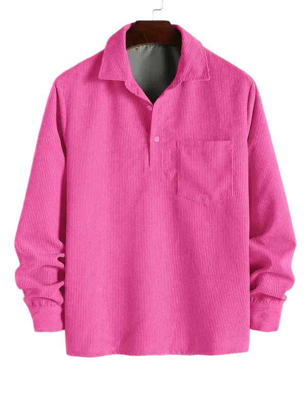 Men's Plain Pocket Half Button Corduroy Shirt, Casual Comfy Regular Fit Long Sleeve Collared Top For Fall & Winter, Men's Clothes For Daily Wear