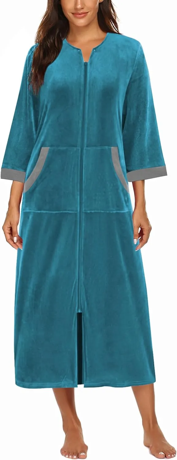 50% OFF Women Zipper Robe 3/4 Sleeves Loungewear Dress Full Length Sleepwear Pockets Housecoat Nightgown Long Bathrobe