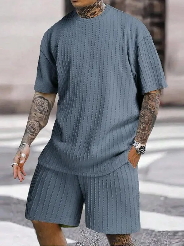Men's Solid Textured Drop Shoulder Short Sleeve Tee & Drawstring Waist Shorts Set, Spring & Summer Clothes, Back To School Loose Casual Fashion Crew Neck T-shirt & Pocket Shorts for Daily Outdoor Wear, Men Outfits, Fall Outfits
