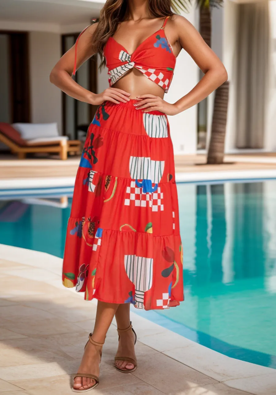 Twisted Printed Spaghetti Strap Top and Skirt Set