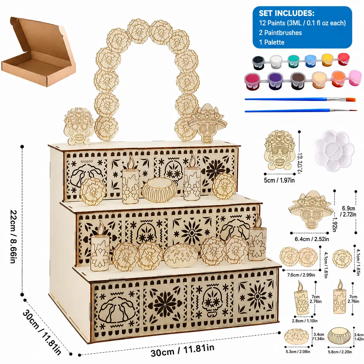3-Tier Day of the Dead Wooden Altar Display Set - Optional Paint Kit