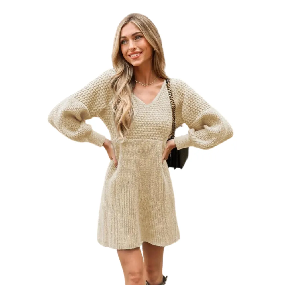 Women's Casual Sweater Dress for Christmas VNeck Honeycomb Long Sleeve Textured Knit Pullover Dresses Womenswear Fall Dress Early Autumn