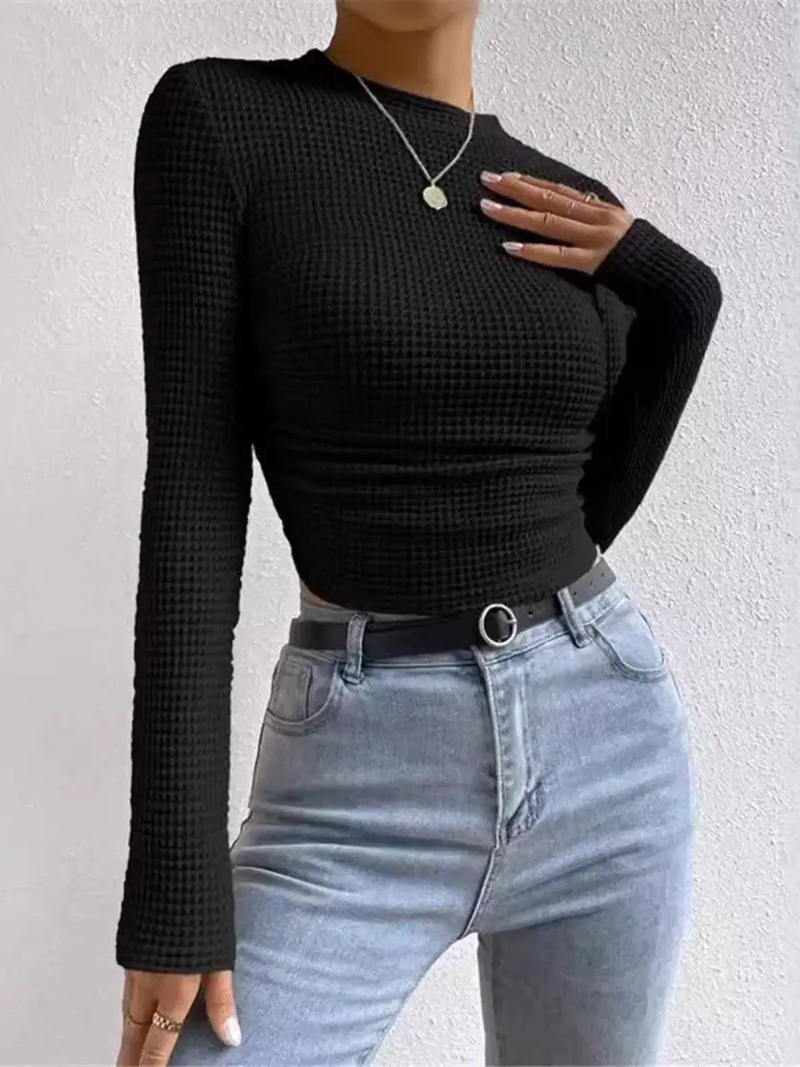 Long Sleeve Slim Fit Pleat Detail Panel Detail Textured Waffle Check Round Neck T-Shirt