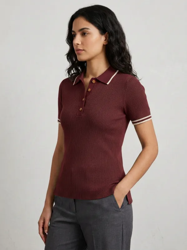 Women's Refined Ribbed-Knit Ribbed Contrast-Trim Polo Shirt