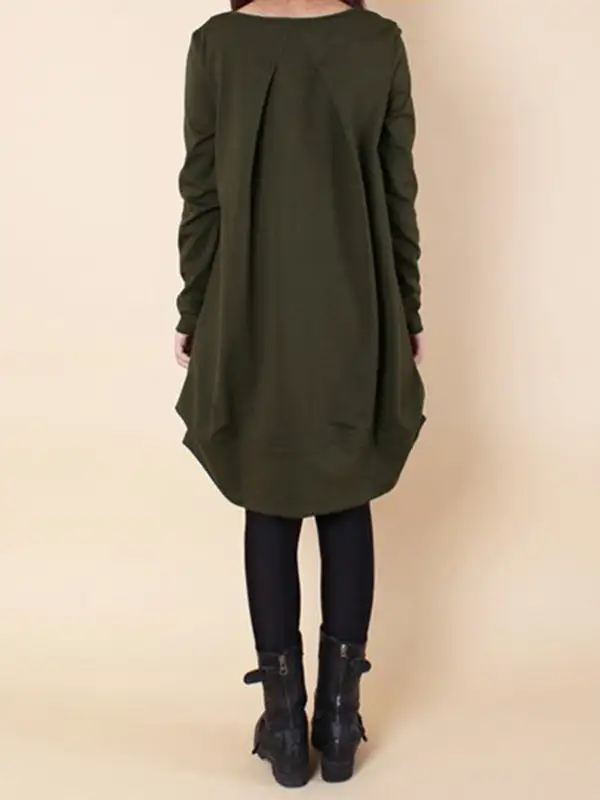 A Line Long Sleeve Pleated Solid Color Round Neck Dress Maxi