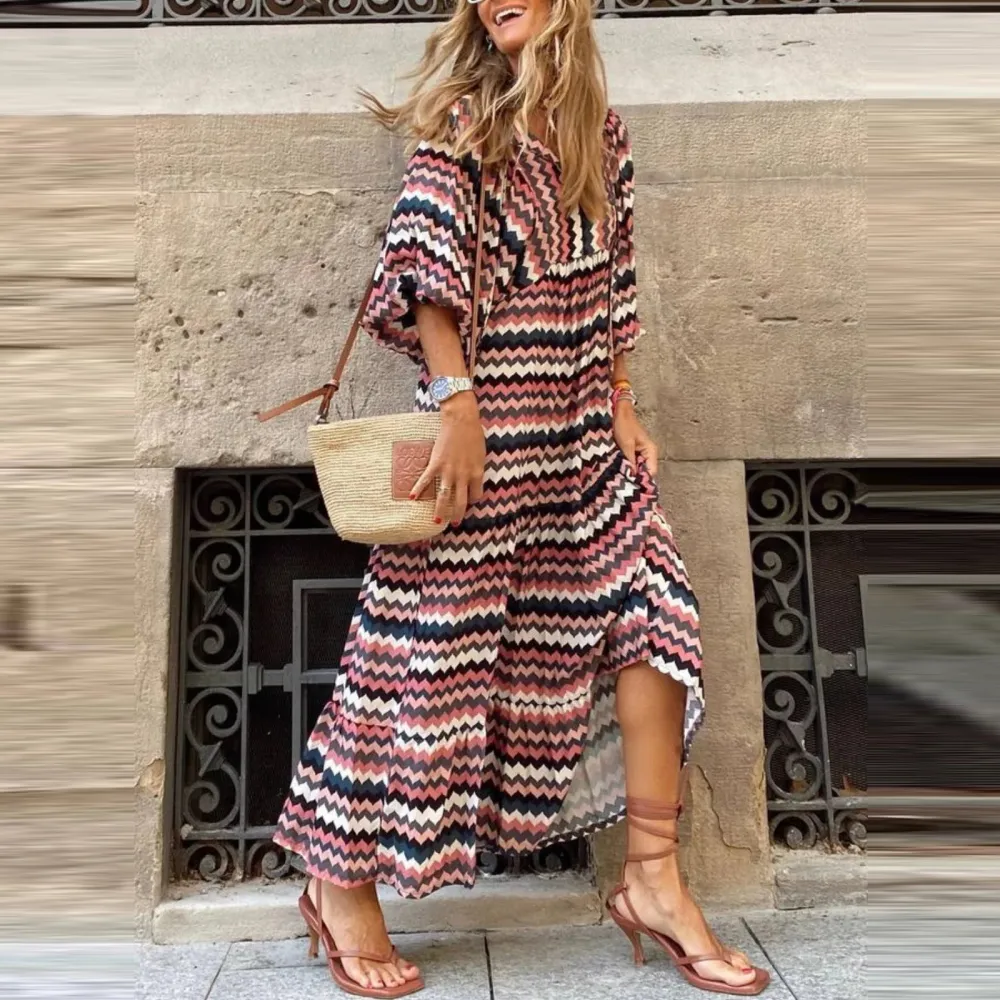 Bohemian Lantern Sleeve Long Dress Printed Large Swing Women's
