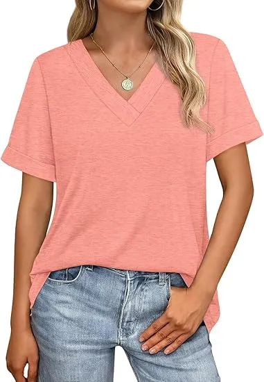 Women's Summer Short-Sleeve Basic Casual V-Neck T-Shirt 2026