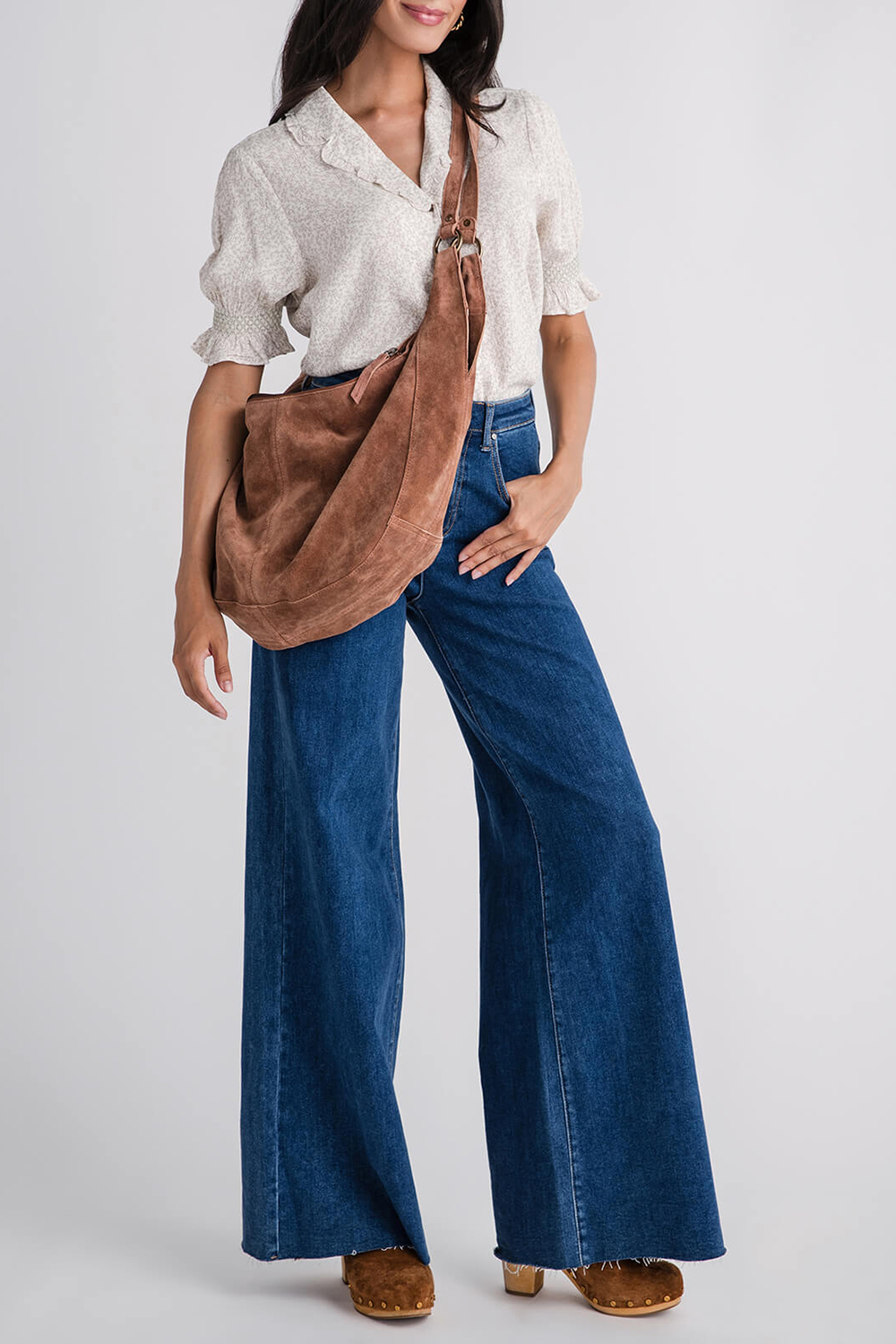 Print Smocked Sleeve Button Down Blouse - Ivory/Sage