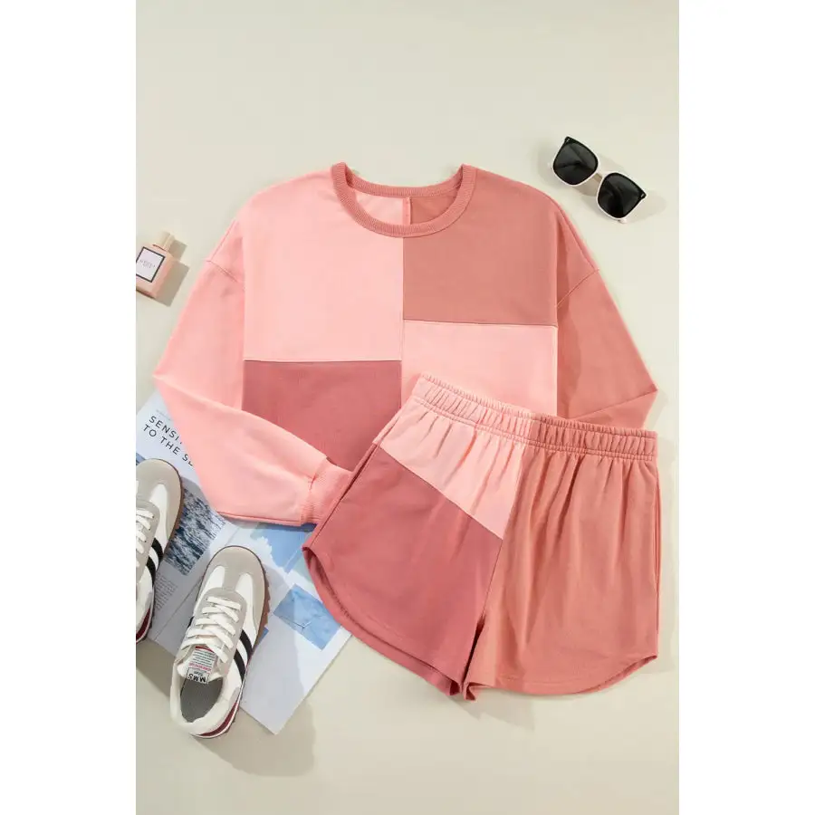 Block Round Neck Top and Shorts Set