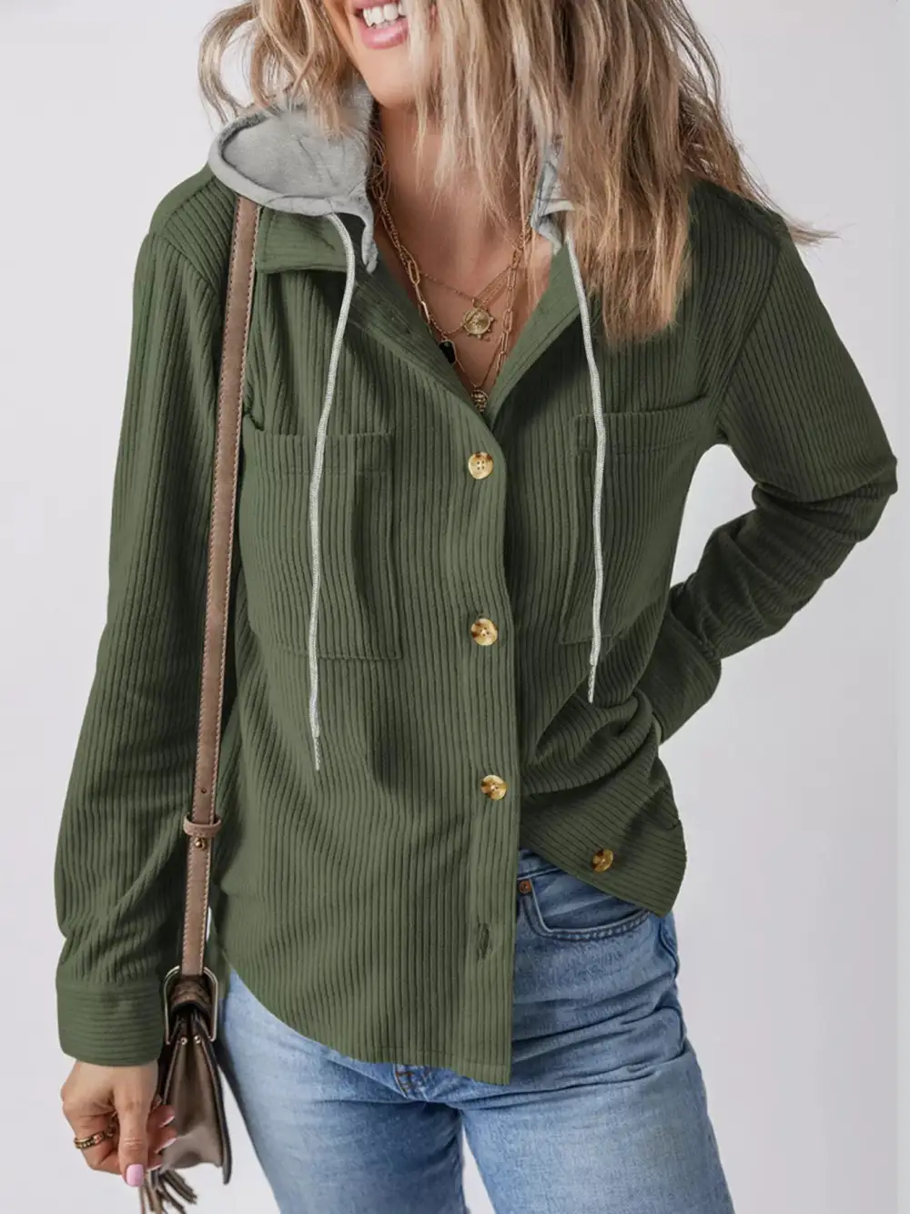 Hooded Corduroy Button-Down Jacket