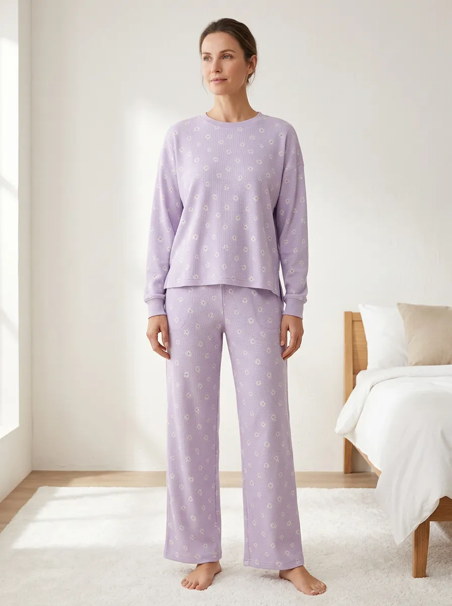 Women's Floral Waffle-Texture Patch-Pocket Wide-Leg Lounge Set
