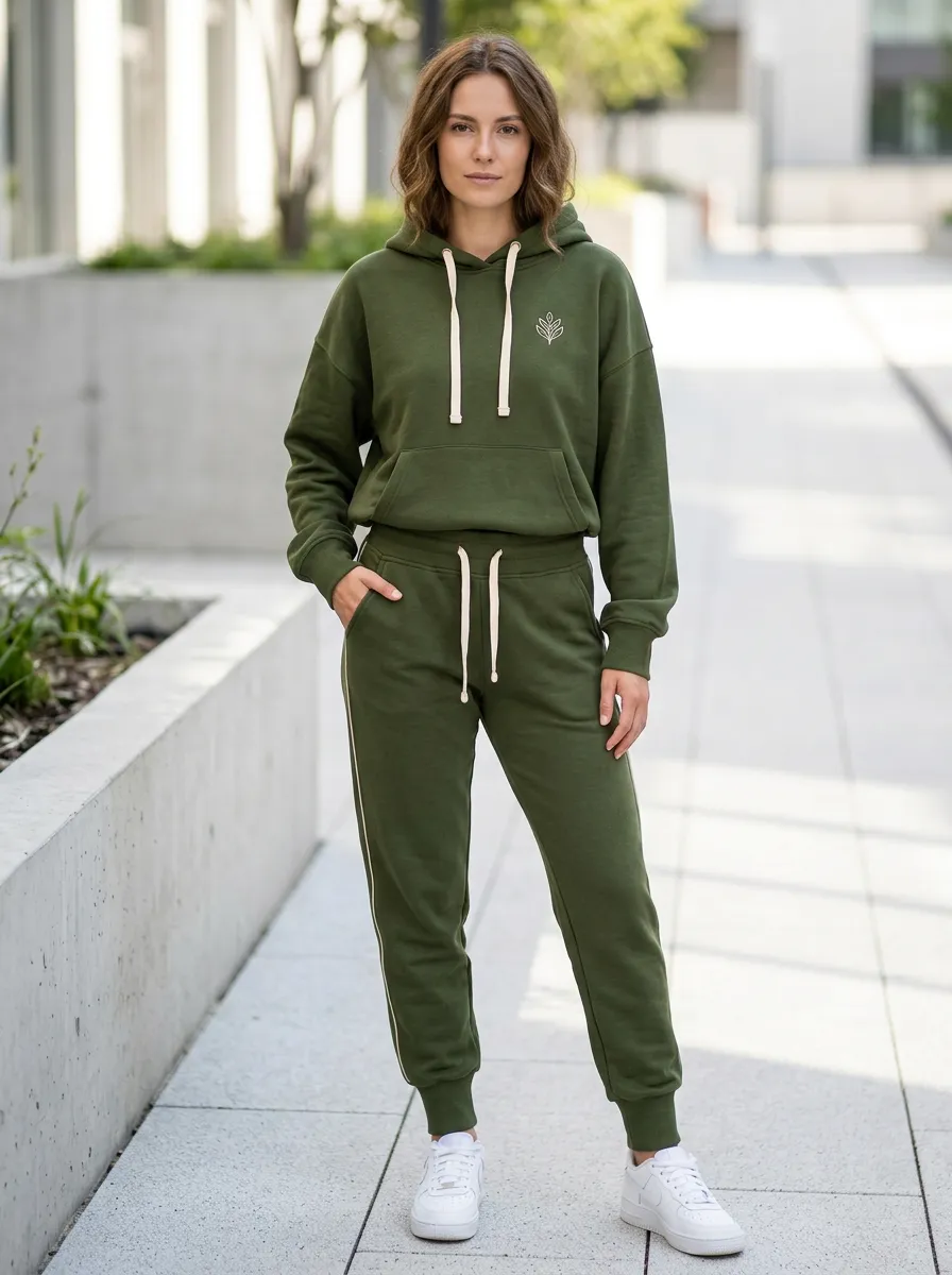 Women's Minimalist Nature Leaf Printed Olive Green Hoodie Jogger Set