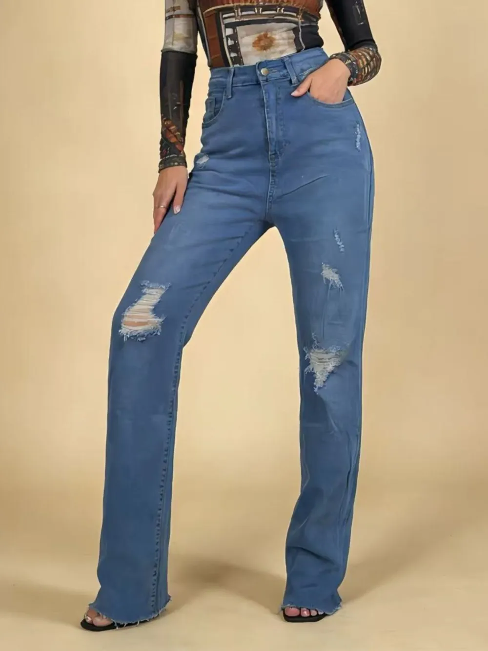 Soft High Waist Distressed Denim Jeans