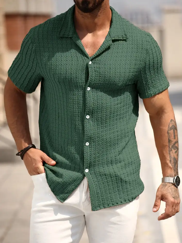 S Relaxed Hollow-Out Jacquard Knit Cuban Collar Shirt