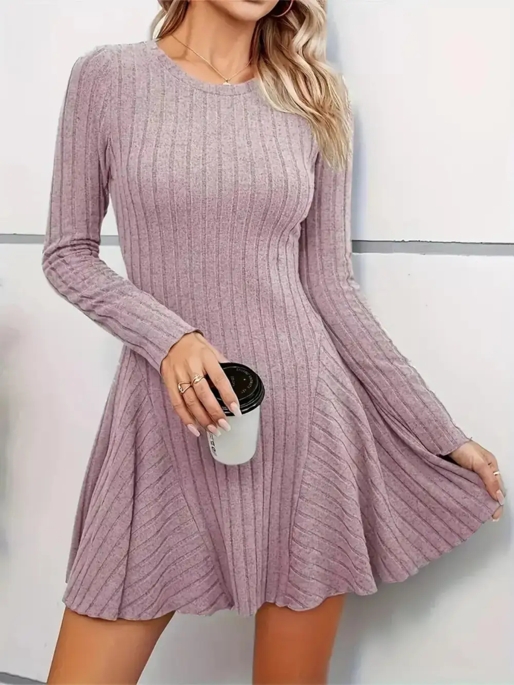 Ribbed Knit Long Sleeve Sweater Dress