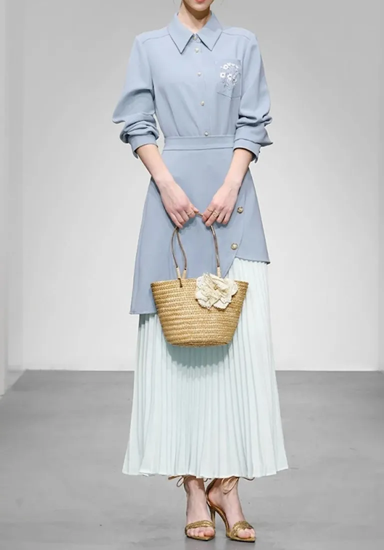 Embroidered Pleated Shirt Maxi Dress