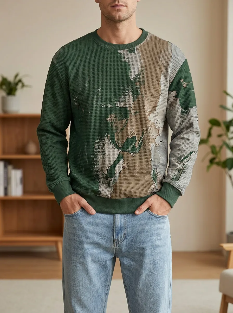 Men's Abstract Paint Texture Waffle Knit Printed Sweatshirt