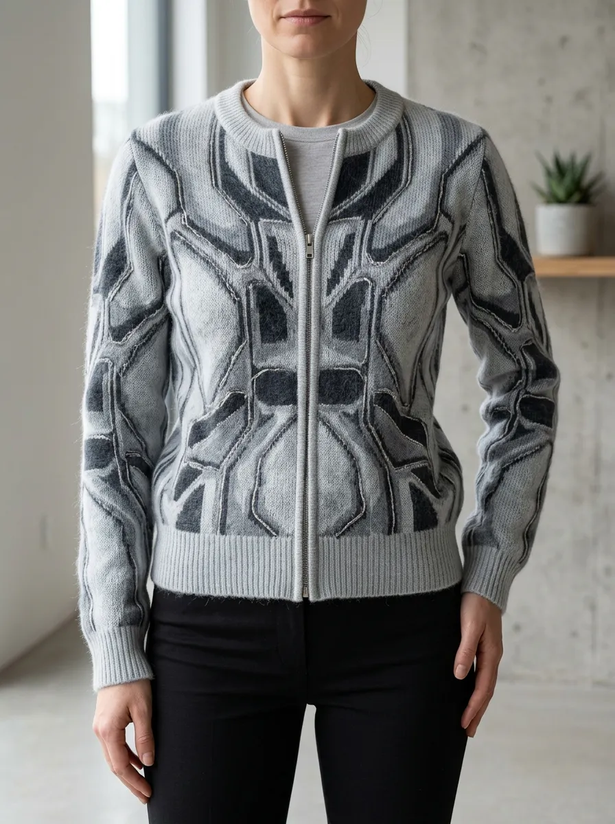 Women's Geometric Abstract Pattern Printed Zip-up Cardigan