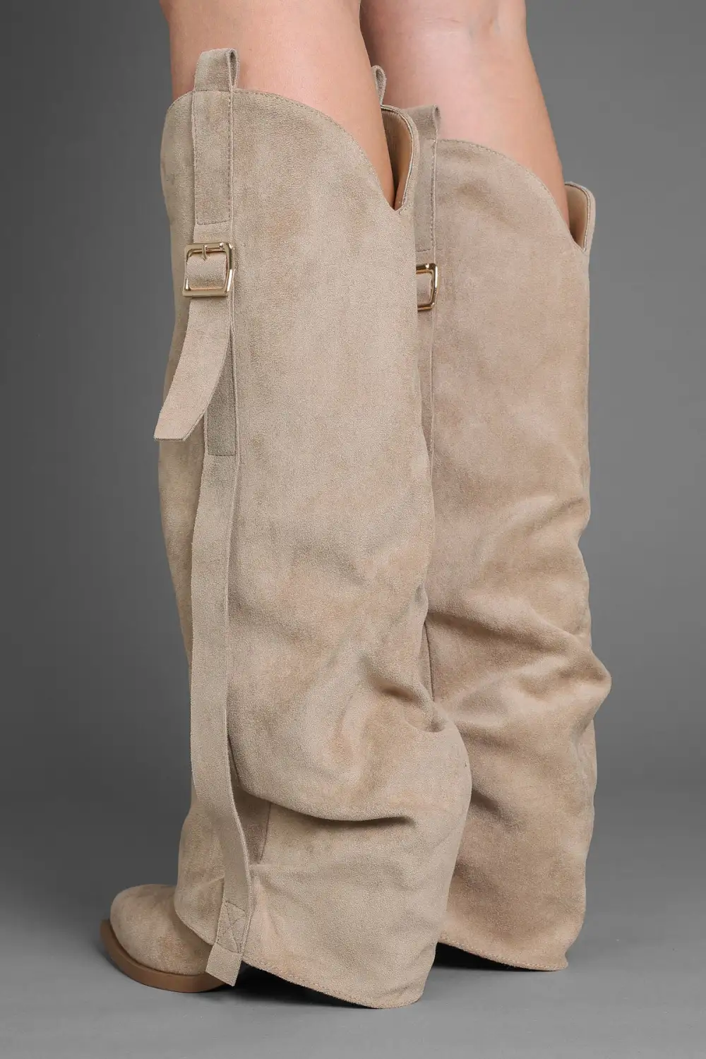 Western Inspired Western Slouch Fold-Over Buckle Detail Knee High Boots