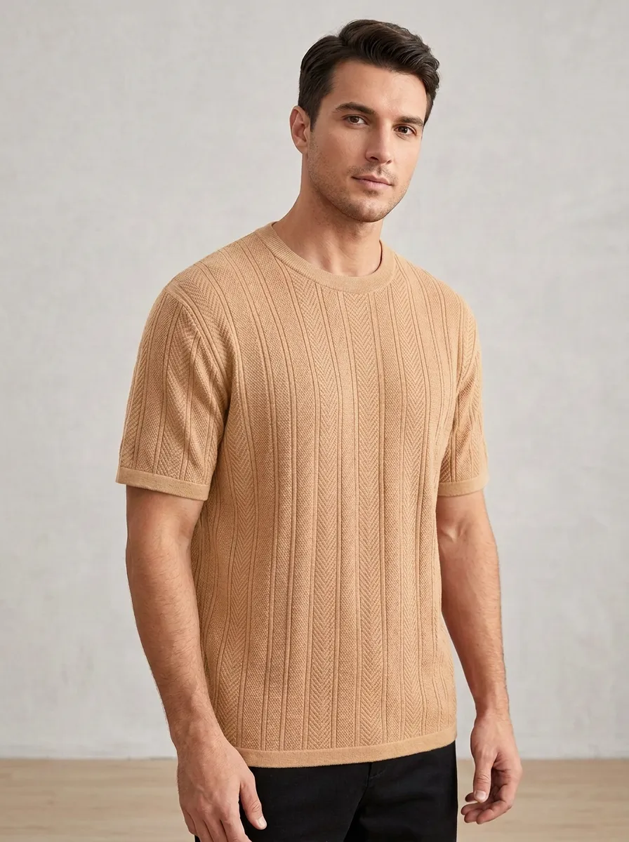 Herringbone-Texture Textured-Knit Men's Knit Crew-Neck T-Shirt
