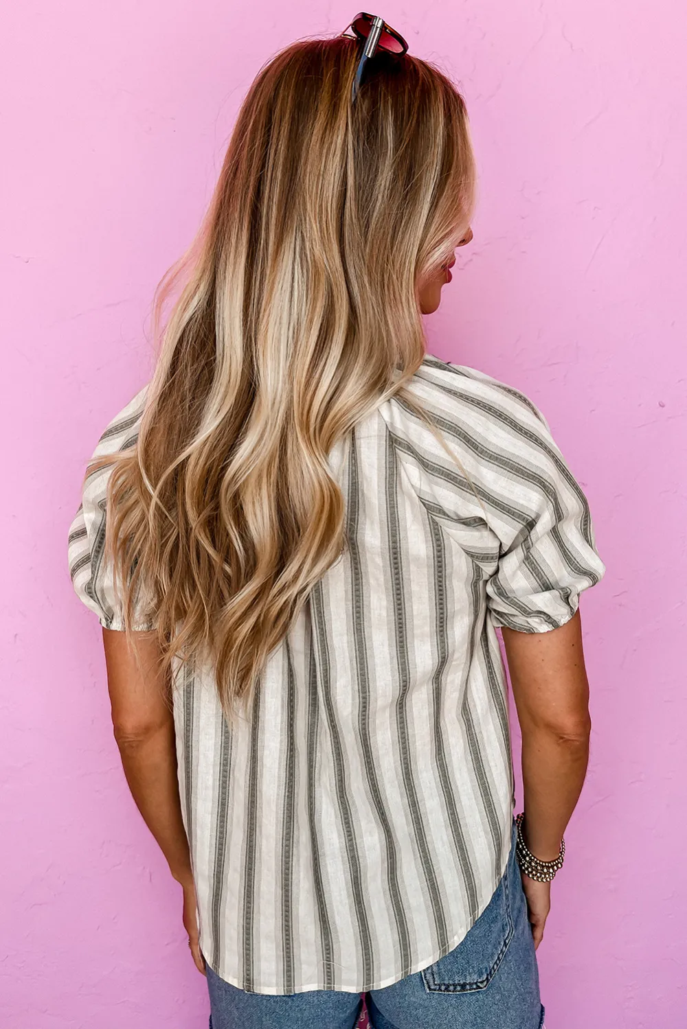 Striped Neck Sleeve Blouse
