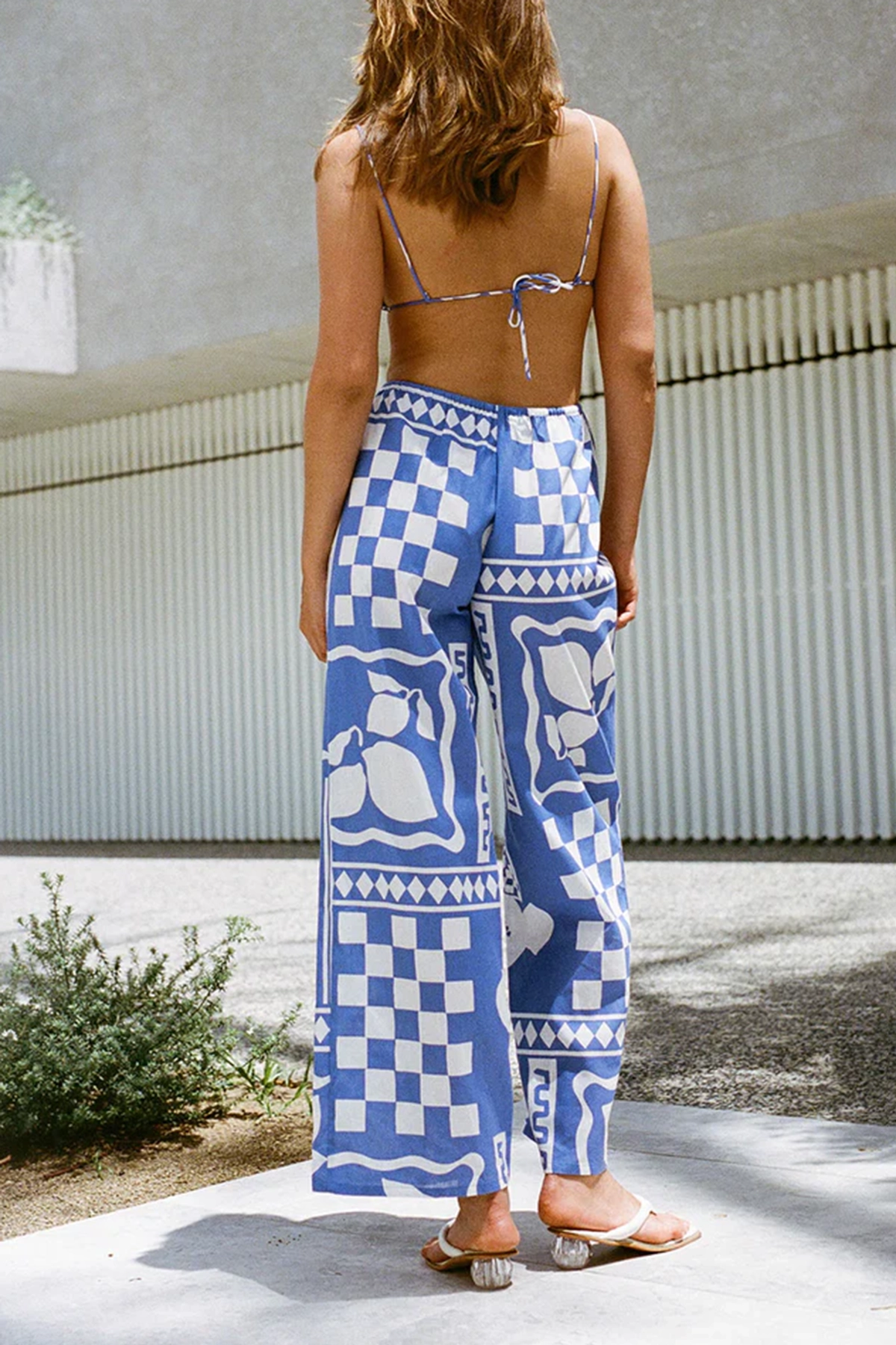 Backless Geometric Print Halter Jumpsuit
