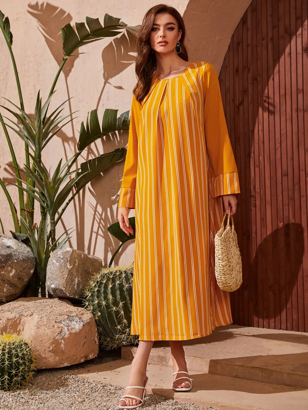 EMERY ROSE Vertical Striped Plicated Detail Tunic Dress
