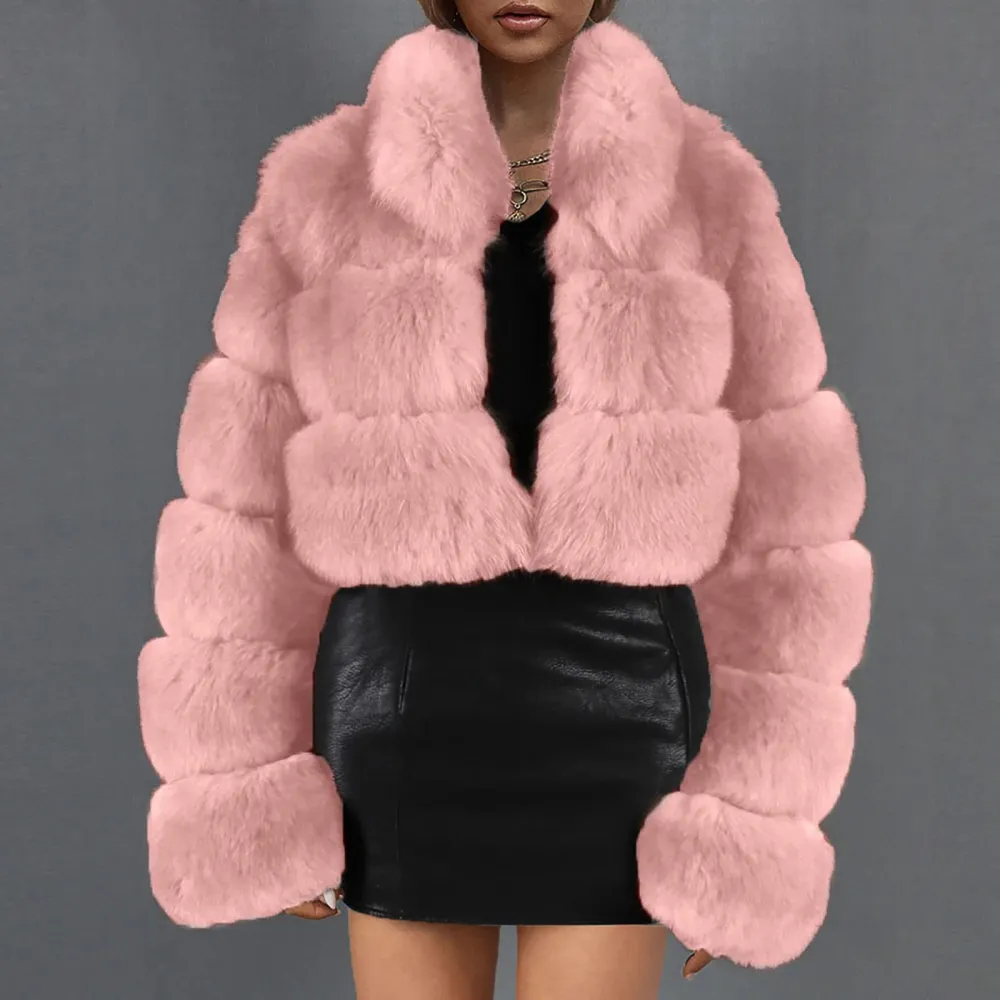 X1-Pink Faux Fur Coat Women with Hood Cropped Bubble Coats Fleece Short Warm Jackets Plus Size Winter Coats for Women