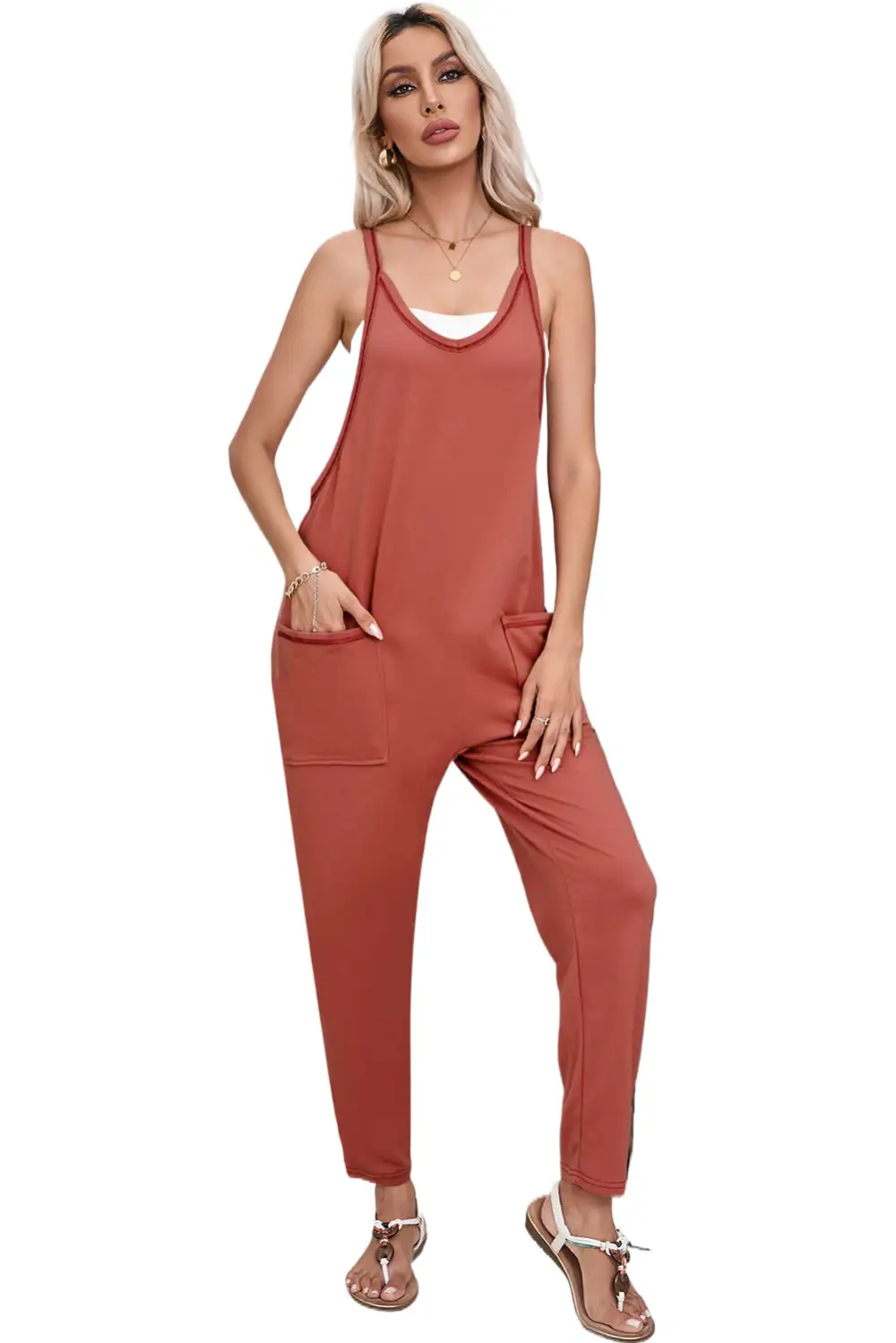 Side Pockets Harem Sleeveless V Neck Pants