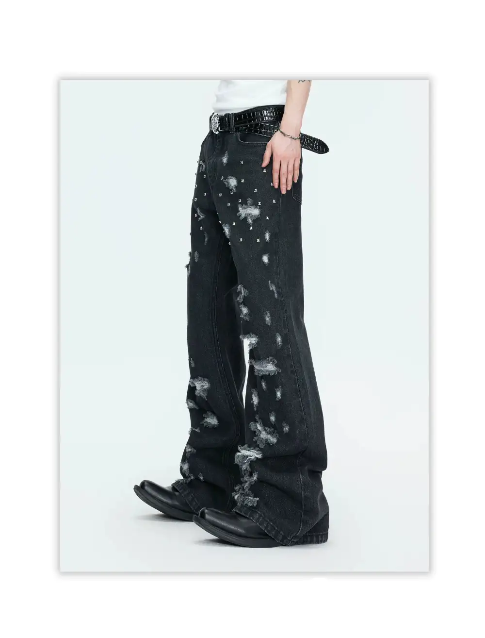 Distressed Studded Wide Leg Jeans