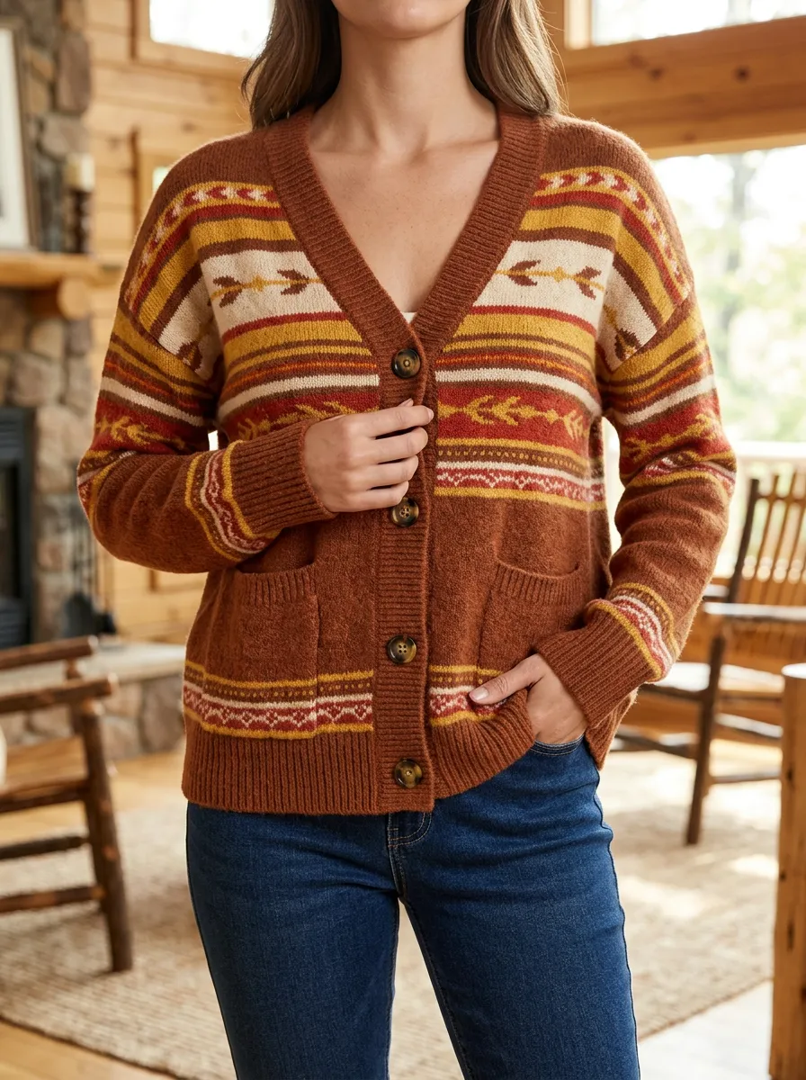 Women's Boho Autumnal Geometric Pattern Printed Cardigan